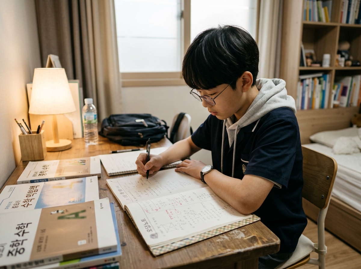 중학생이 자신의 수학 오답 노트를 보며 집중하여 문제를 푸는 모습