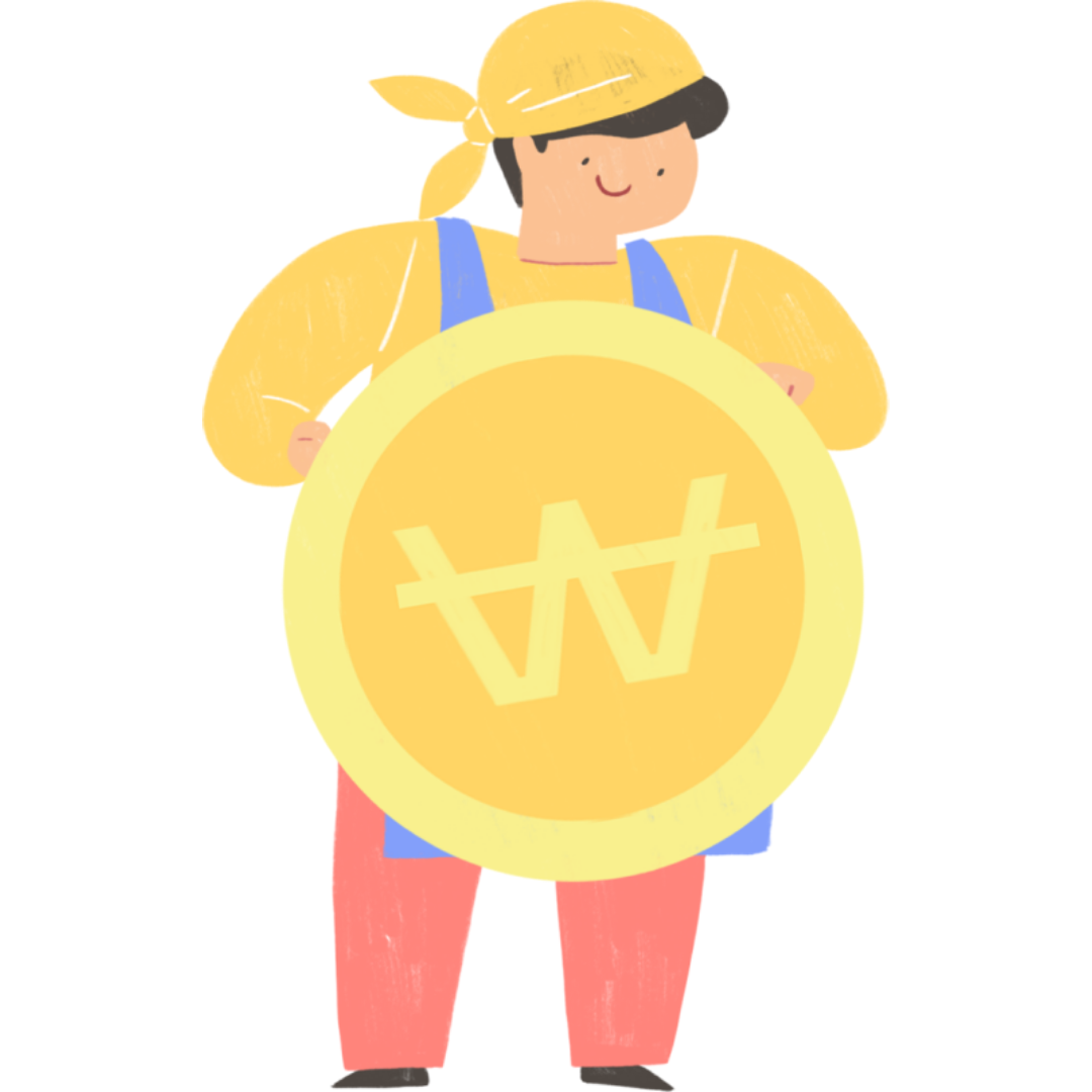 소상공인이 동전을 들고 웃고 있다.