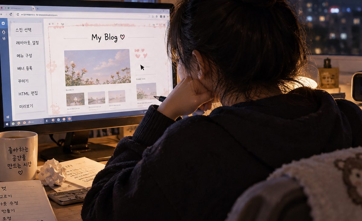 늦은 밤 컴퓨터에서 블로그 스킨의 HTML과 CSS 설정을 수정하는 모습