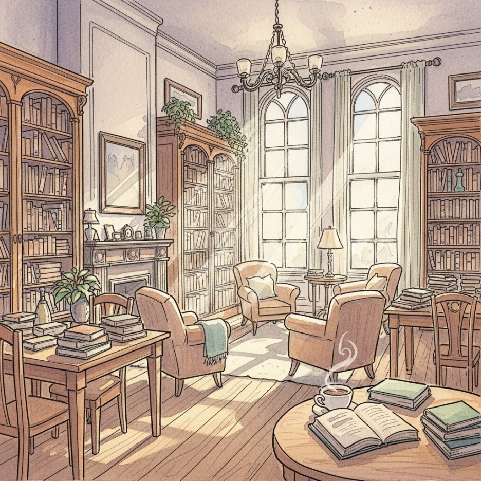 햇살이 내리쬐는 아늑하고 평화로운 도서관 내부