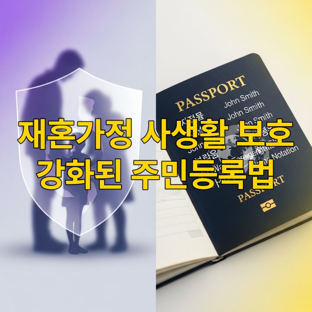 재혼가정의 사생활 보호를 상징하는 흐릿한 가족 모습과 외국인 이름 표기 개선을 나타내는 다양한 언어의 여권이 함께 있는 개념적인 이미지.