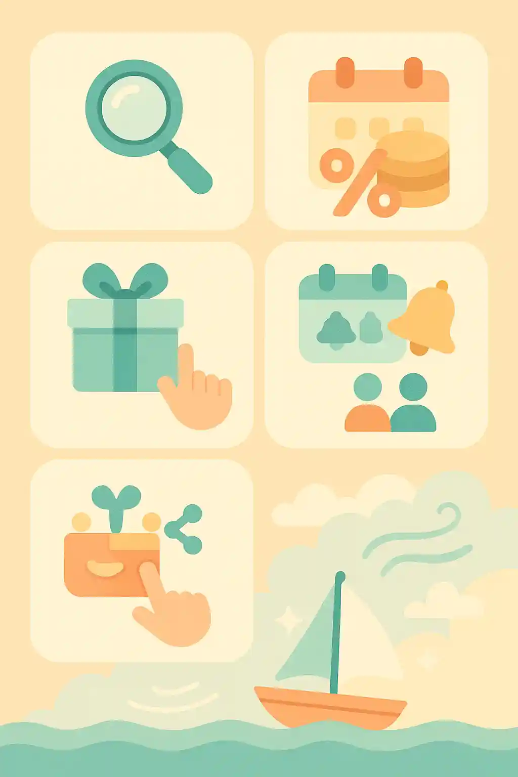 돋보기, 달력, 선물, 알람, 배 아이콘으로 여름 할인 요소를 표현한 파스텔톤 무문자 인포그래픽