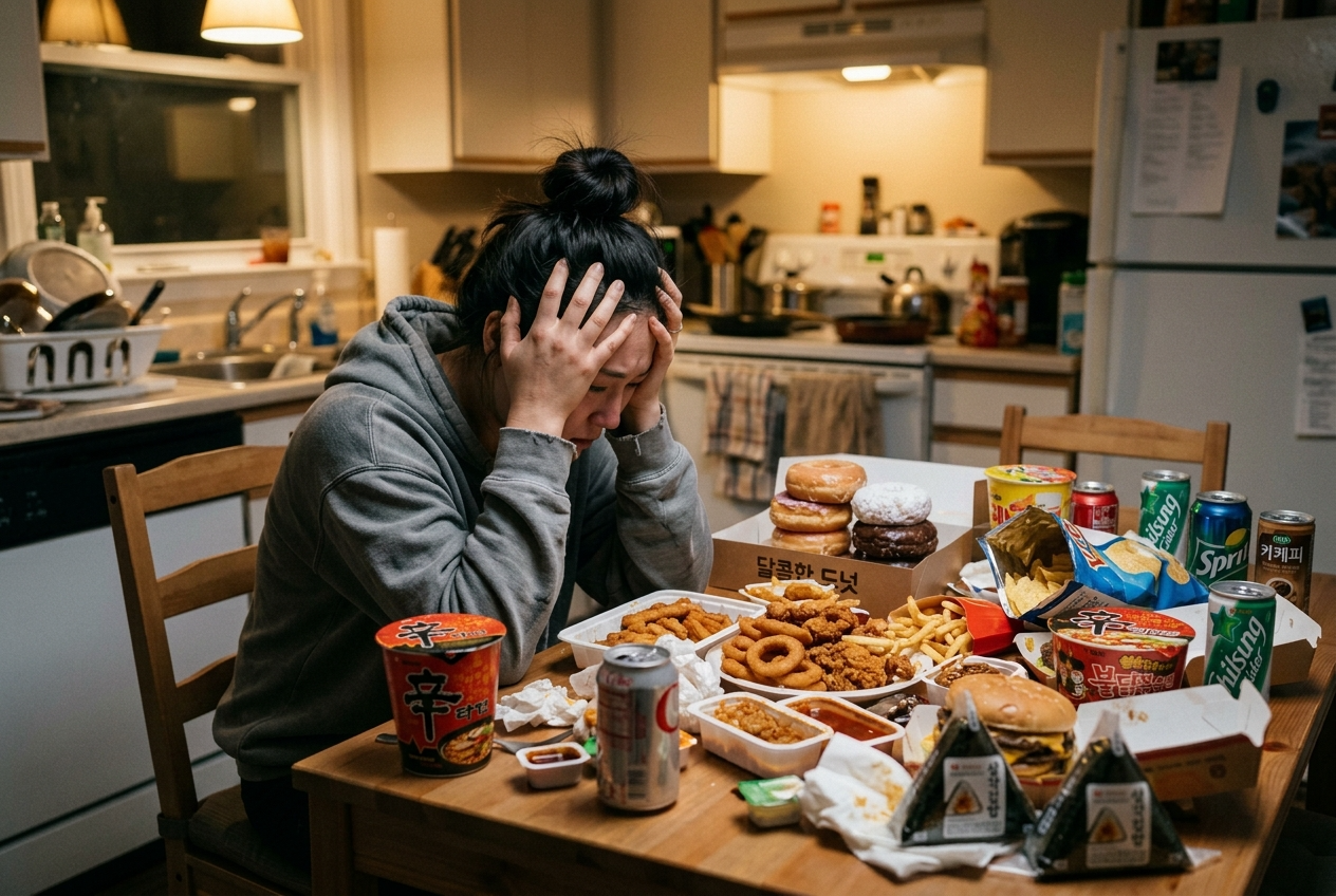 달콤한 도넛과 튀김, 햄버거 등 정제 탄수화물과 인스턴트 음식이 가득 쌓여있는 식탁을 보며 절망하는 모습