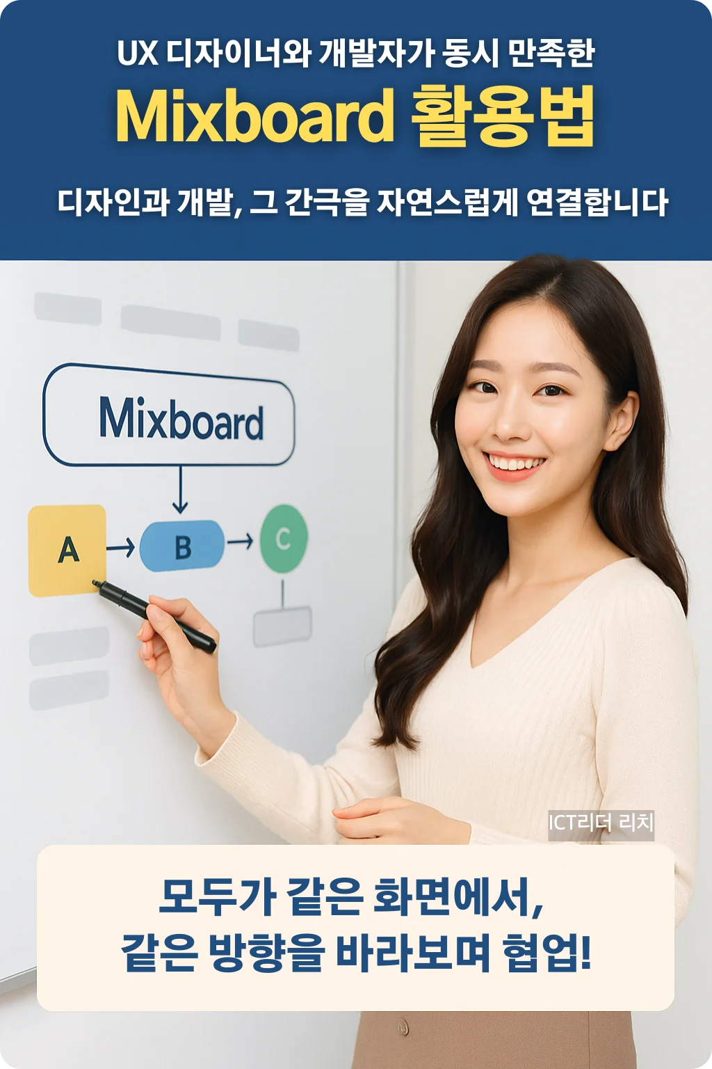 UX 협업을 설명 중인 20대 밝고 아름다운 한국 여성 – Mixboard 화이트보드에 아이디어를 시각화하는 장면