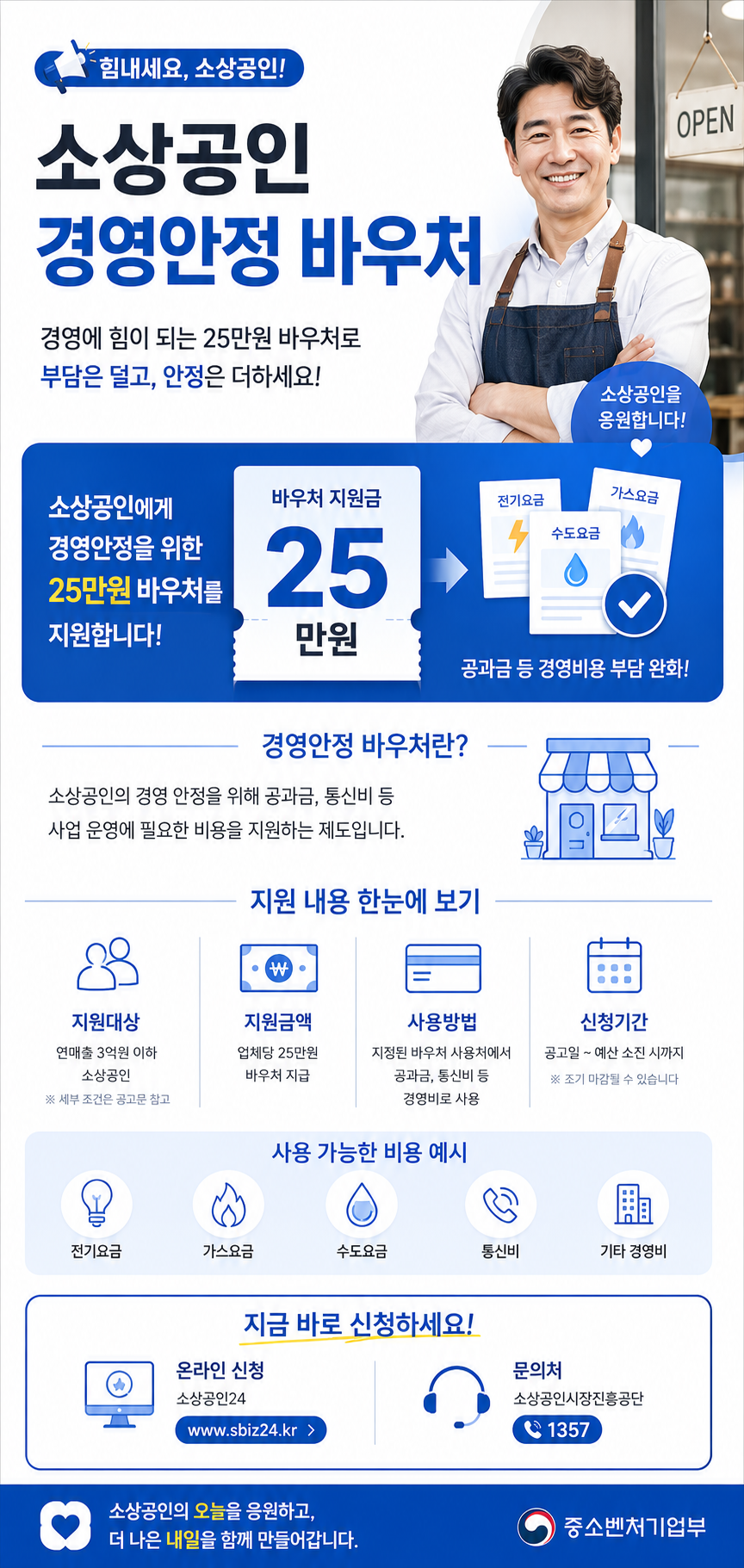 소상공인 경영안정 바우처 제도를 설명하는 세로형 인포그래픽으로 가게를 운영하는 자영업자와 공과금 고지서, 25만원 지원 아이콘을 중심으로 지원대상과 사용 가능한 경영비 항목을 파란색 포인트로 정리한 카드뉴스 이미지