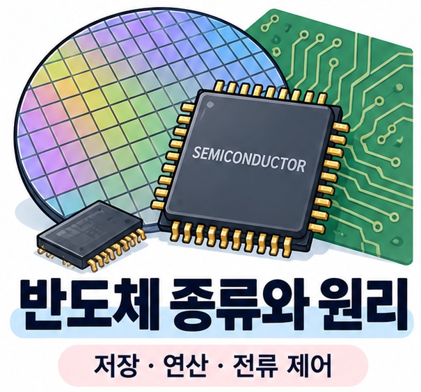 반도체 종류와 원리를 상징하는 실리콘 웨이퍼와 반도체 칩 인포그래픽