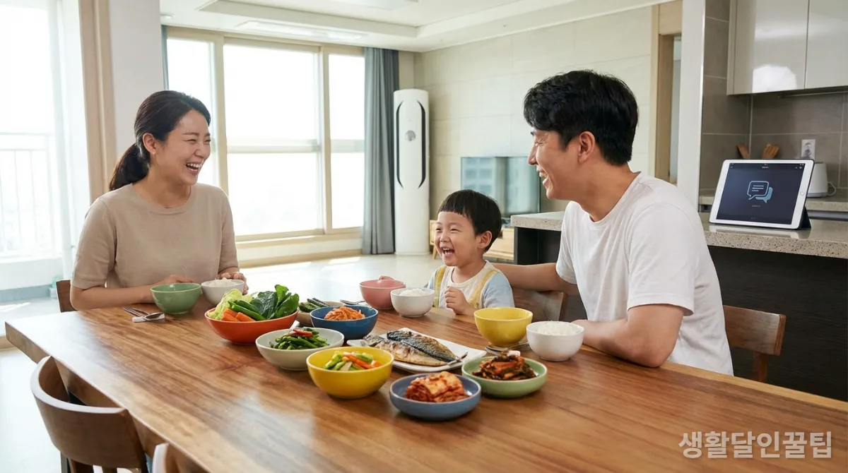 챗GPT 식단으로 건강하고 행복하게 식사하는 한국인 가족