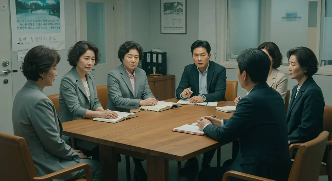대한예수교장로회 당회의 역할을 상징하는 이미지: 여러 명의 장로와 목사가 교회 사무실의 차분한 분위기 속에서 성경과 서류를 보며 진지하게 회의하고 있습니다. 이 이미지는 교회의 영적, 행정적 리더십을 나타내며, 신중한 논의를 통해 교회를 이끌어가는 모습을 시각적으로 보여줍니다
