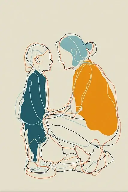 내면의 아이를 엄마가 자비하고 바라보고 있고 서로 마주보고 웃고 있어요.