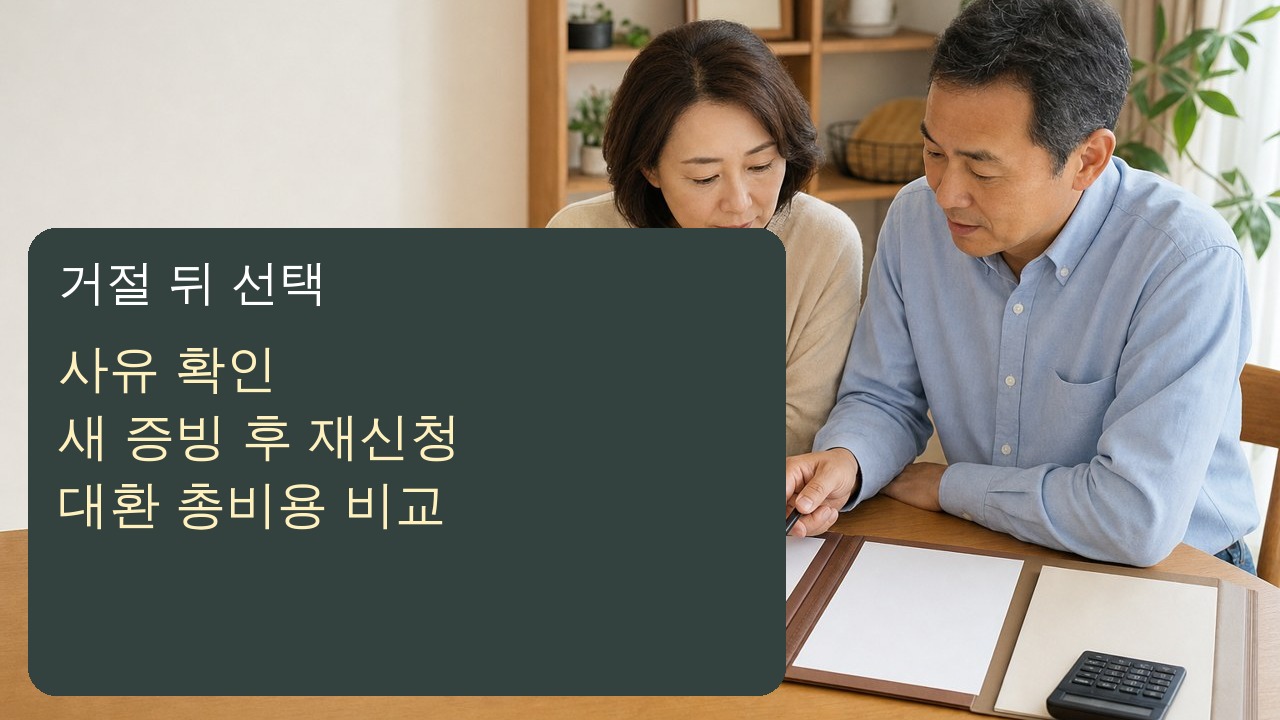 중년 가구가 금리인하 재신청 현재대출 유지와 대환대출 총비용을 비교하는 장면