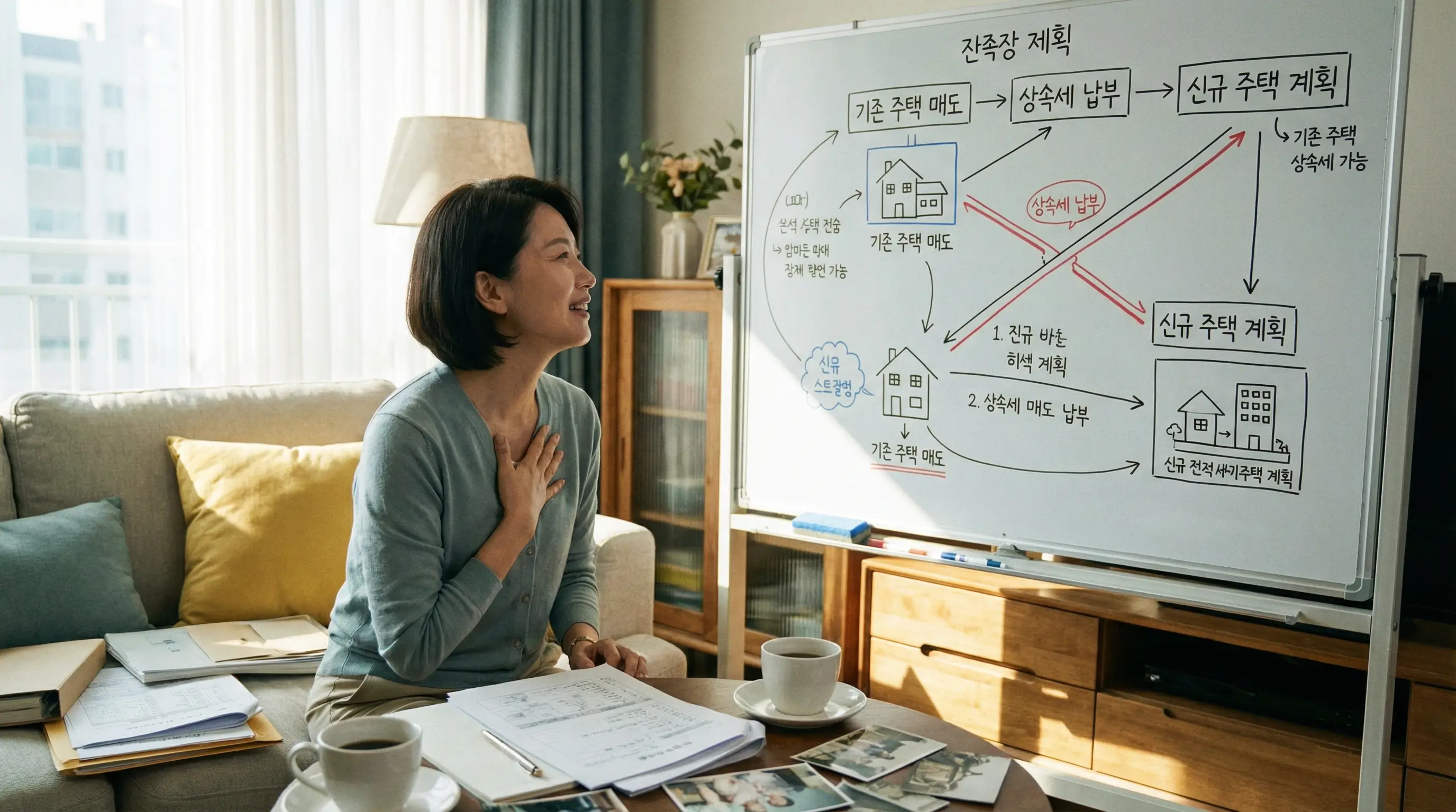 기존 주택을 먼저 파는 순서를 도식화한 전략 보드를 보며 안도하는 상속인의 모습
