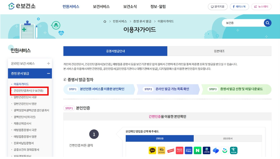 공공보건포털 e보건소에서 발급방법