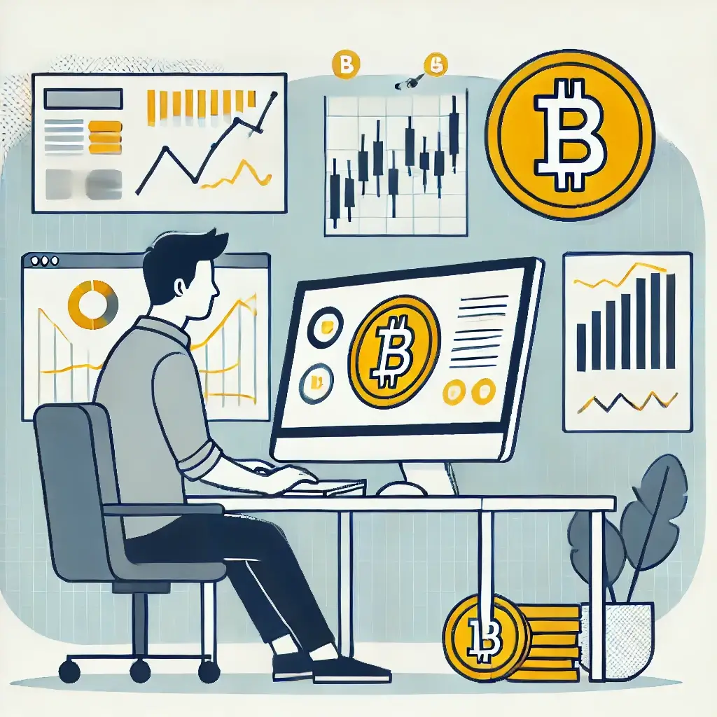컴퓨터 앞에서 열심히 비트코인 투자를 하는 남자