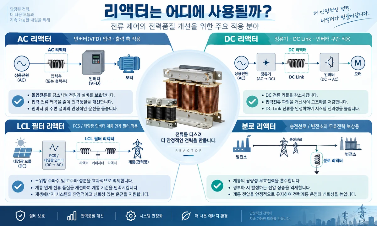 AC 리액터 DC 리액터 LCL 필터 분로 리액터의 주요 적용 분야를 정리한 인포그래픽