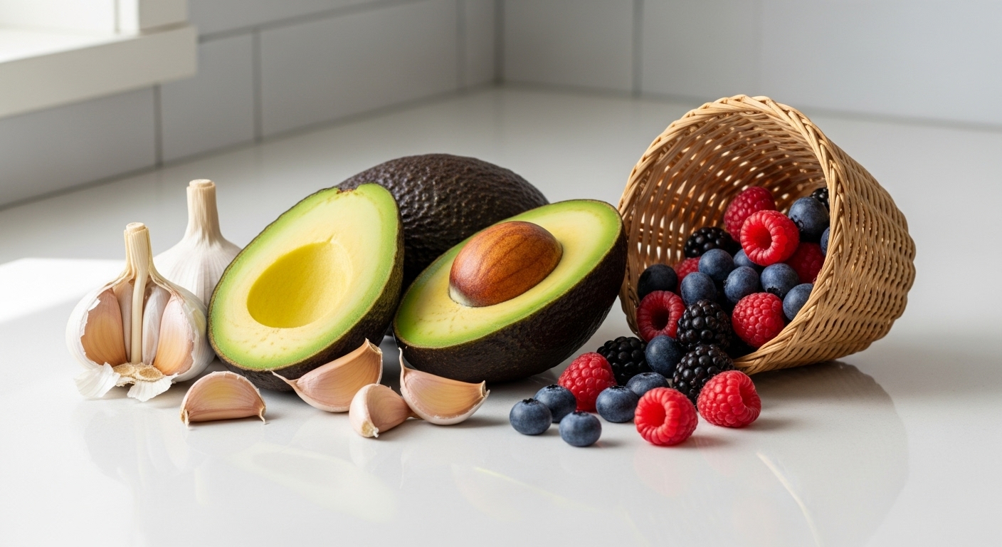신선한 아보카도, 마늘, 블루베리와 라즈베리 등 베리류가 함께 놓여있는 모습