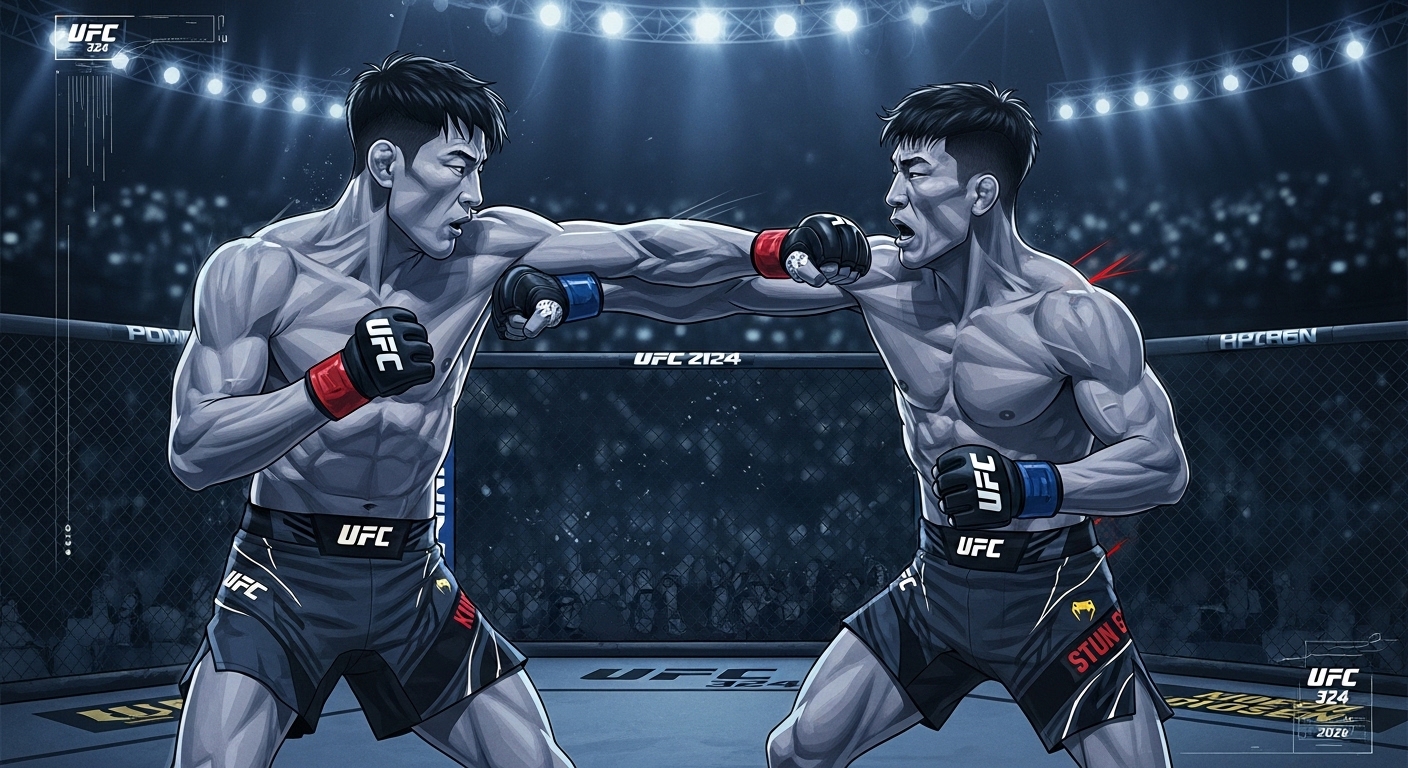 UFC 324의 뜨거운 격투 현장, 한국 선수들의 박진감 넘치는 경기 모습. 옥타곤에서 펼쳐지는 파이터들의 강렬한 눈빛과 역동적인 움직임.