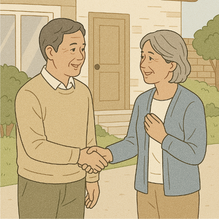 중년 이웃과 좋은 관계 유지를 위해 인사하는 장면