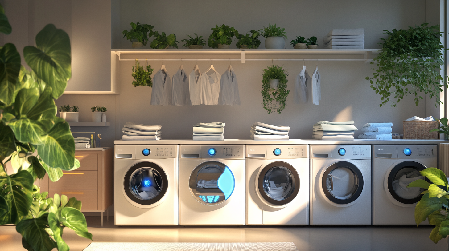AI 기반 세탁기가 있는 친환경 세탁 공간, 정돈된 빨래와 실내 식물이 조화를 이루며 자연광으로 밝게 빛나는 현대적 세팅.