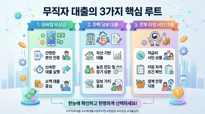 무직자 대출의 3가지 핵심 루트인 모바일 비상금, 주택 담보 대출, 정부 지원 서민 대출을 한눈에 보여주는 인포그래픽