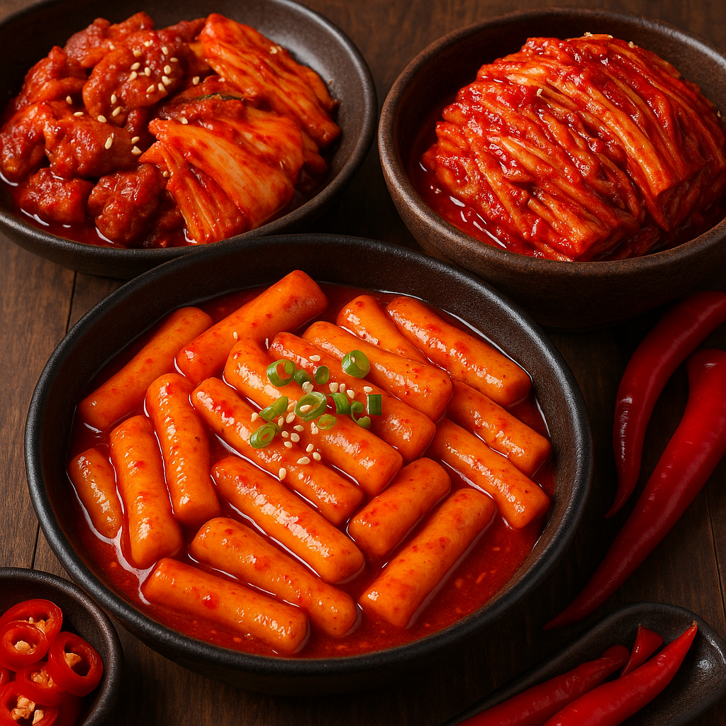 맵고 짜고 자극적이게 보이는 한국 음식 떡볶이, 김치 이미지