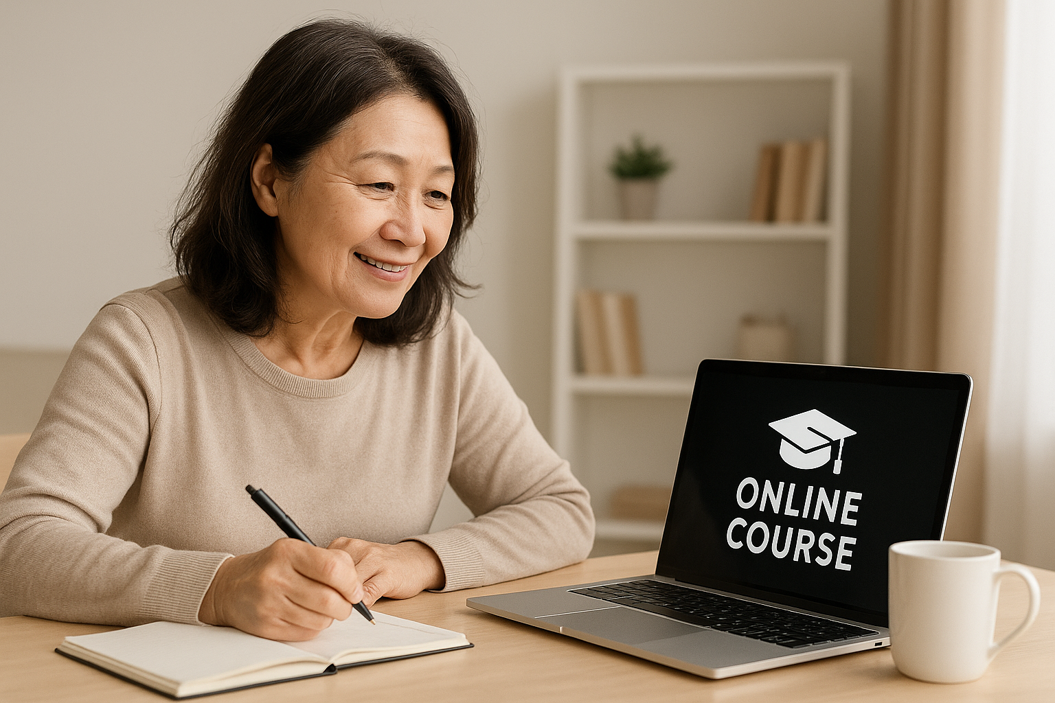 50대 여성이 노트북 앞에서 온라인 자격증 강의를 듣고 있는 모습&amp;#44; 편안한 실내 공간에서 공부하는 중년 여성