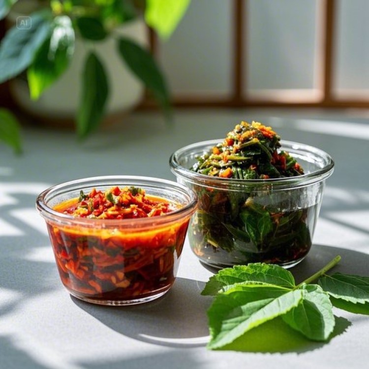 "식탁 위에 놓인 두 개의 유리 용기, 한쪽에는 빨간 고춧가루가 들어간 백종원식 깻잎김치, 다른 한쪽에는 맑은 간장색의 전통 깻잎김치가 담겨있고, 신선한 깻잎 몇 장이 옆에 놓여있는 모습. 자연광이 들어오는 깔끔한 주방 배경"