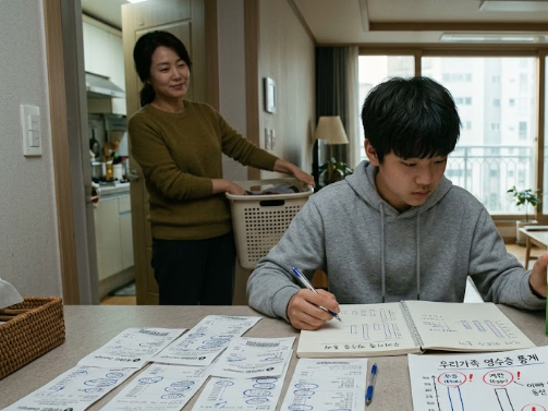 장고 식자재 데이터를 분석하며 예산 모델을 짜는 아들과 엄마
