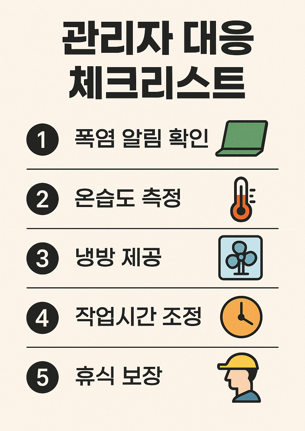 폭염 발생 시 관리자가 반드시 이행해야 할 5가지 대응 항목을 순서대로 정리한 한국어 인포그래픽. 폭염 알림 확인, 온습도 측정, 냉방 제공, 작업시간 조정, 휴식 보장 포함.