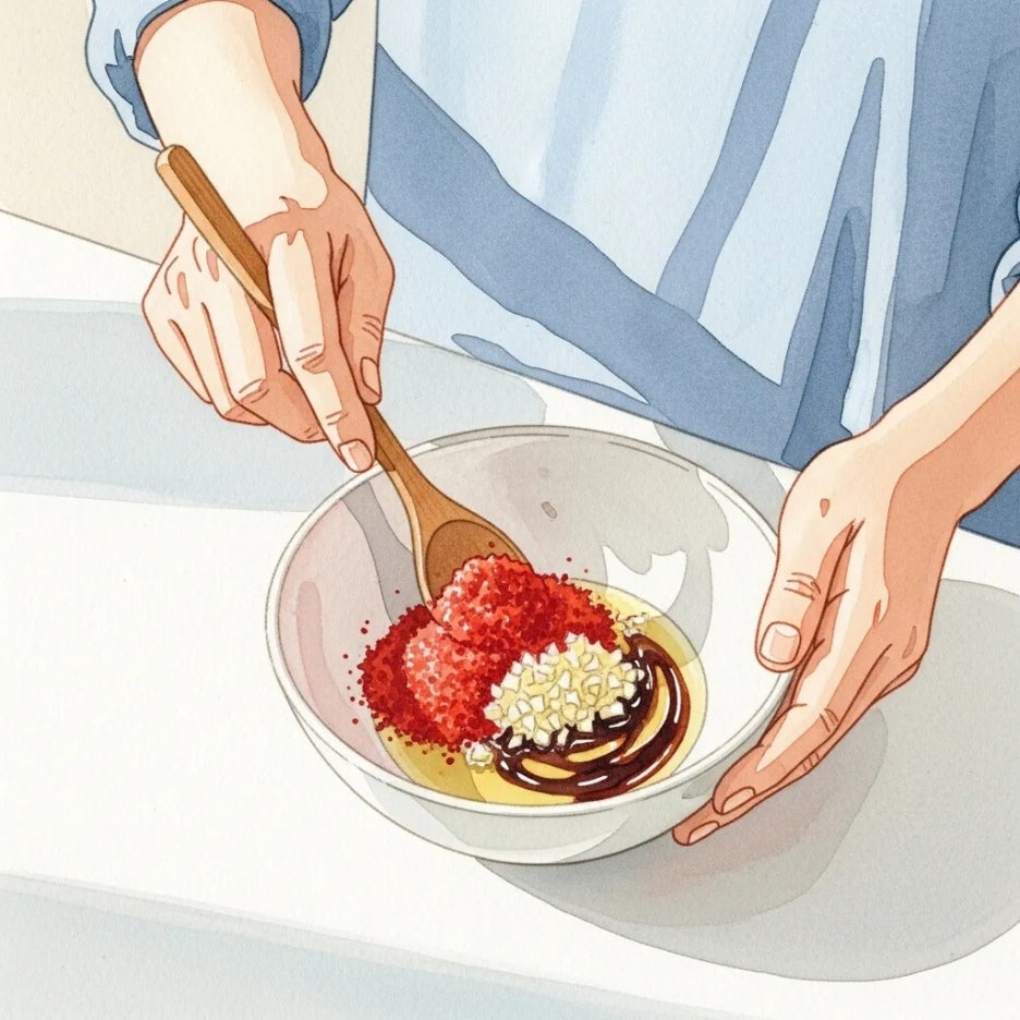 순두부찌개 양념장을 섞는 손의 클로즈업 이미지