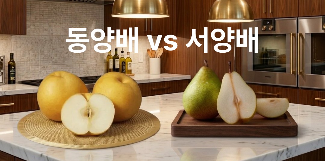 서양배와 동양배를 주방 배경 위에 나란히 배치해 차이를 비교한 이미지