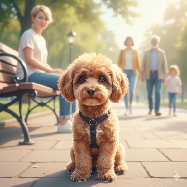공원 벤치에 앉아있는 보호자와 그 발치에 얌전히 앉아있는 갈색 푸들, 푸들은 지나가는 사람들을 차분히 바라보고 있는 모습이다.