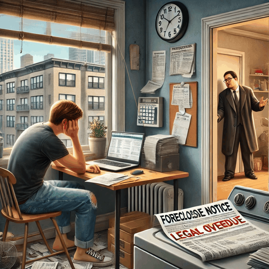 경매 통지서를 받은 대학생이 좁은 원룸에서 걱정스럽게 법률 정보를 찾아보는 모습.