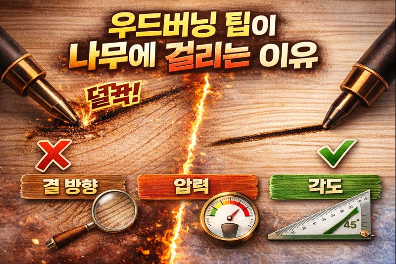 우드버닝 팁이 나무에 걸리는 이유&ndash; 결 방향과 압력&middot;각도 점검법