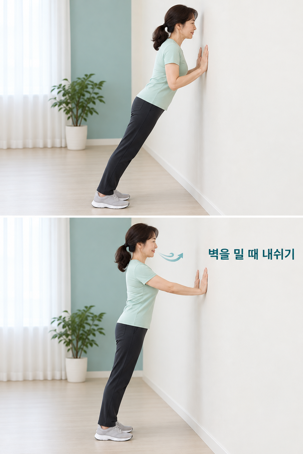 가슴 높이의 벽을 손으로 짚고 몸통을 곧게 유지하며 천천히 밀어 돌아오는 성인