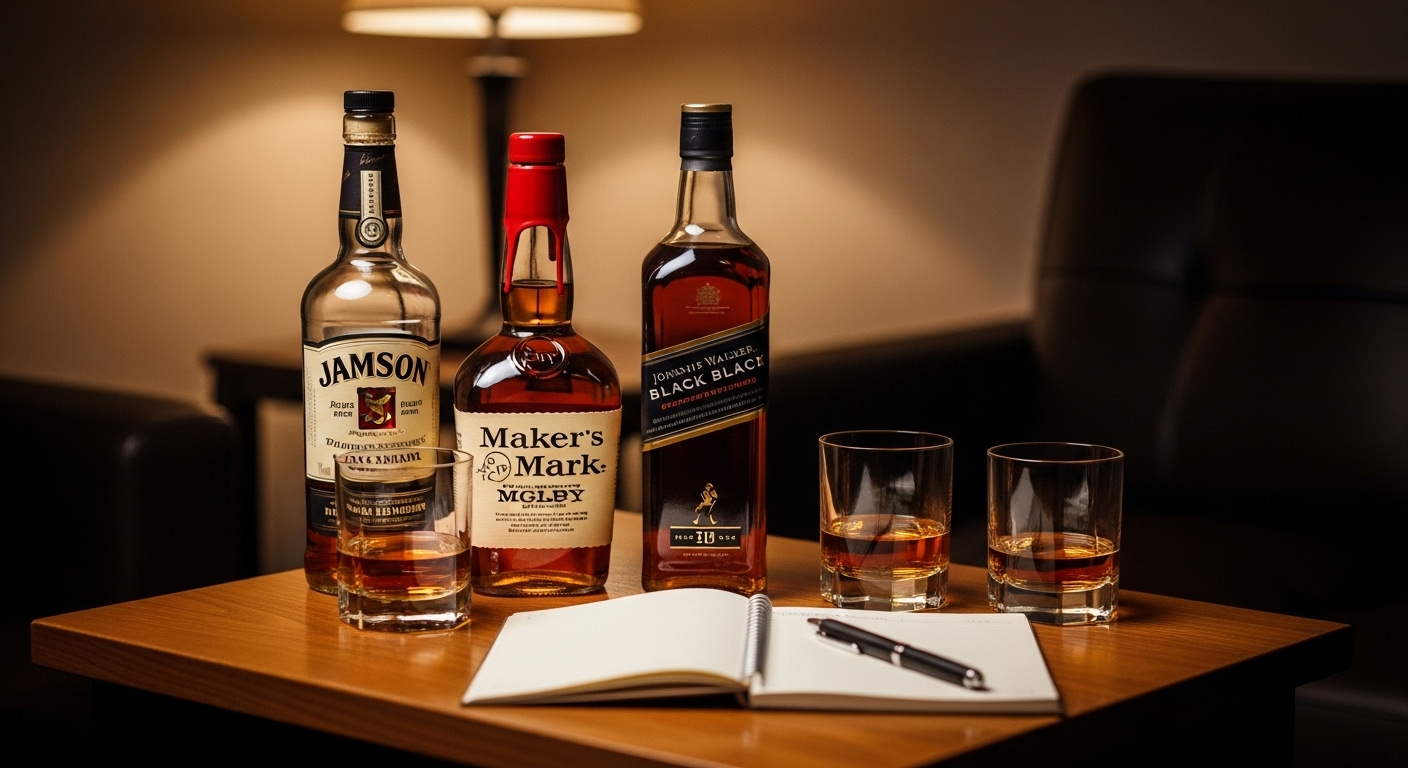 개인의 추억이 담긴 위스키 3병과 노트