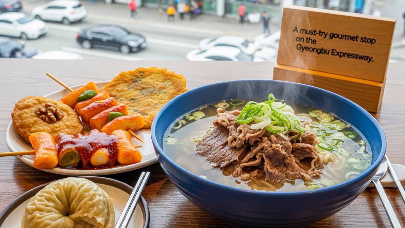 휴게소에서 판매하는 맛있는 소고기 국밥과 간식들의 클로즈업 사진