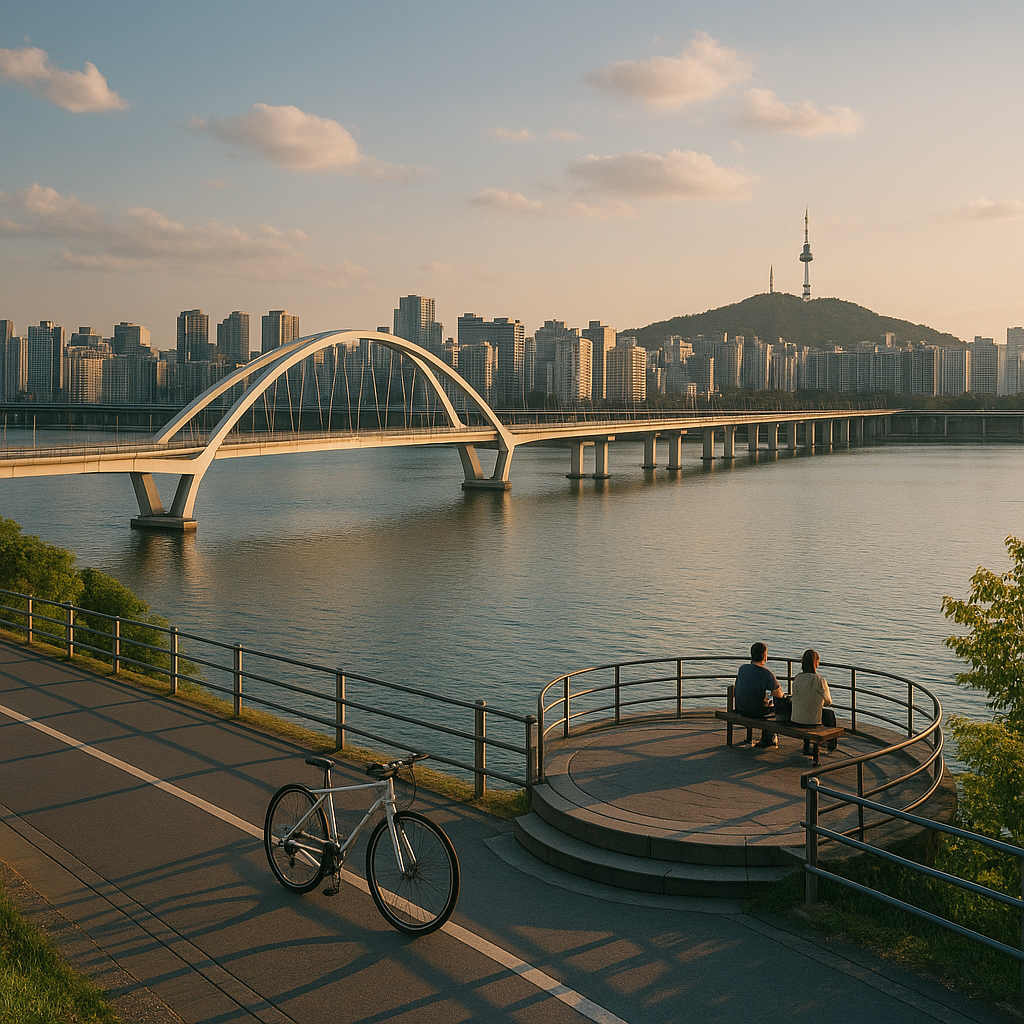 서울 한강에서 바라보는 풍경 남녀 사진
