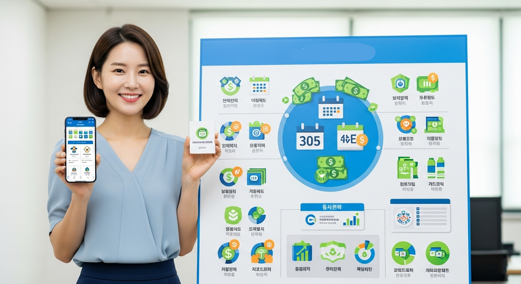 A cheerful Korean woman holding a smartphone displaying a government support app, standing next to a large infographic board showing icons of money, calendar, vouchers, and charts.