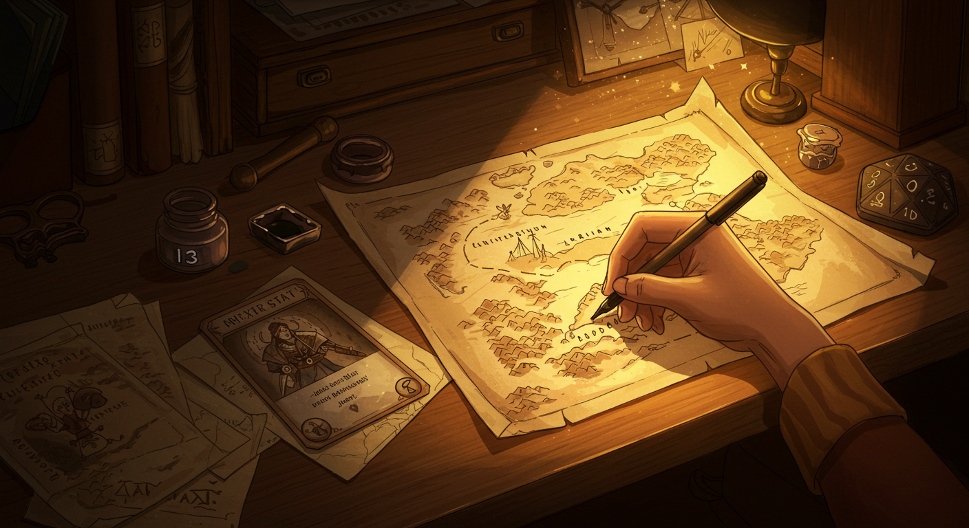 달빛 비추는 책상 위 능력치 카드와 지도, 다음 모험을 계획하는 손이 보이는 감성 일러스트