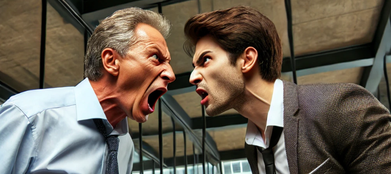 사무실에서 부장님과 대리가 서로 불만을 나타내고 있다.
갈등의 전통의 부장님과 스타트업의 대리님