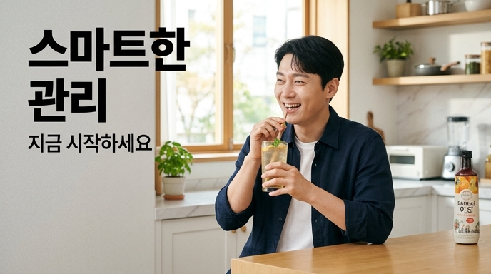 주방 배경에서 밝은 표정으로 식초 음료를 마시는 남성과 스마트한 관리를 권장하는 라이프스타일 이미지