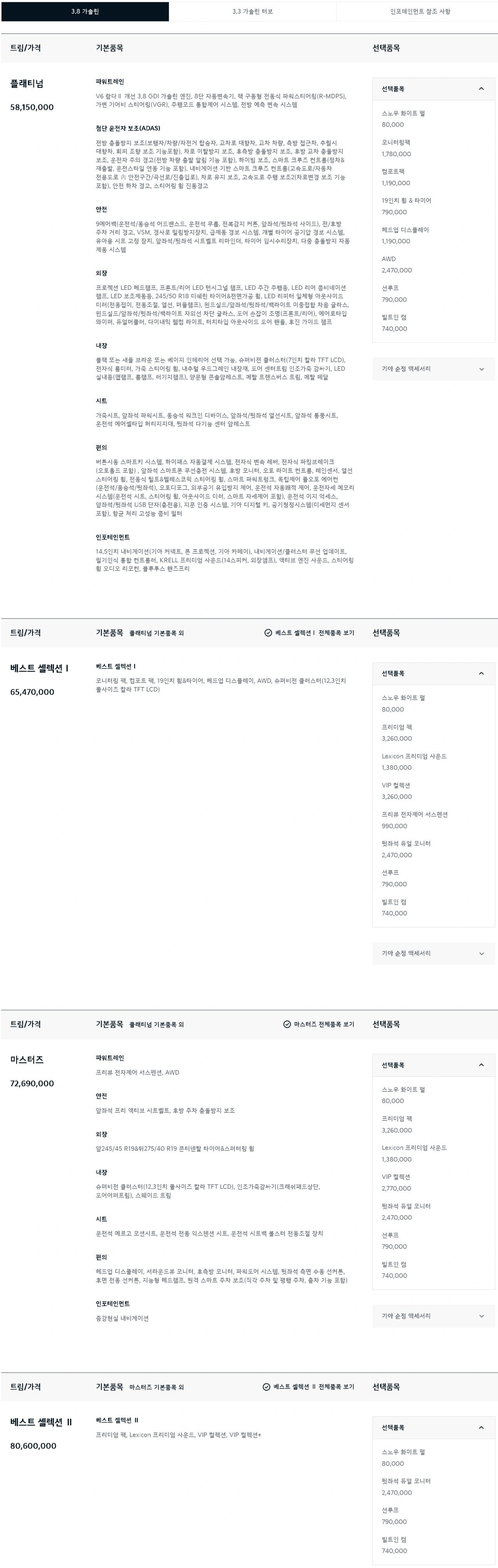 2023년 8월 기아차 홈페이지 게시된 K9 가격표