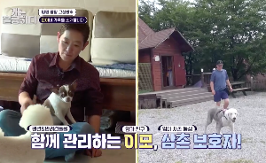 이모가 무릎위에 치와와를 올려놓고 다른 비숑을 바라보고 있는 모습과 삼촌 보호자가 큰 개를 데리고 걷는 모습