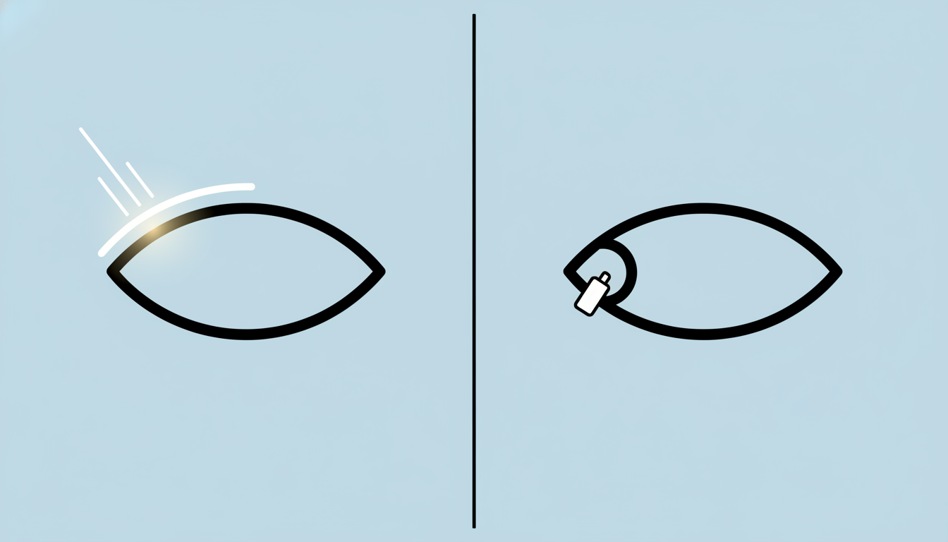 왼쪽에는 눈꺼풀에 레이저 빛이 닿는 모습으로 IPL 레이저 치료를, 오른쪽에는 눈물샘에 작은 플러그가 삽입된 모습으로 누점폐쇄술을 표현한 벡터 아트. 안구건조증의 전문적인 병원 치료 방법을 나타냅니다.