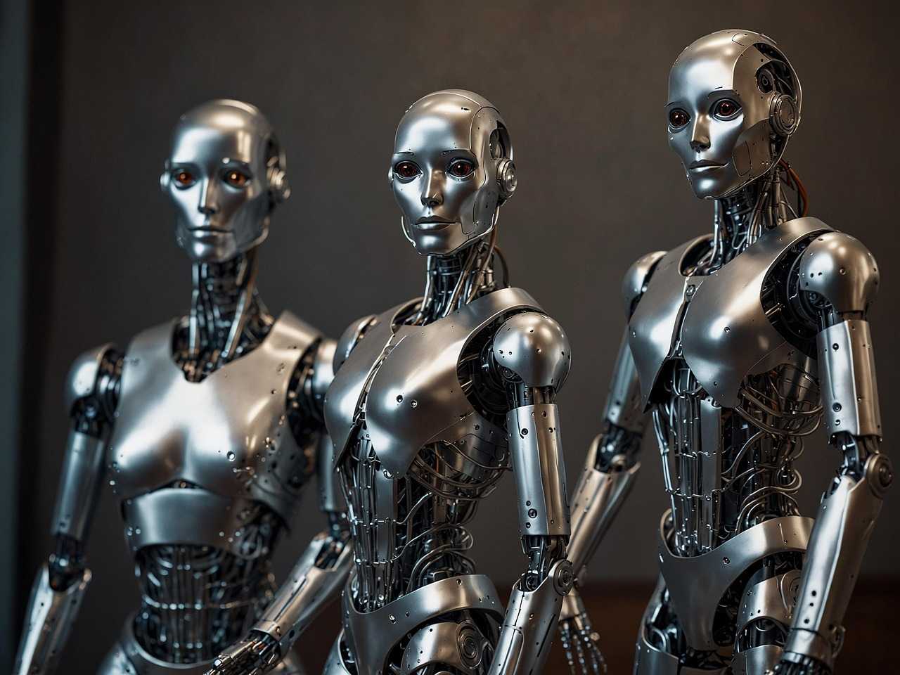 금속 질감의 휴머노이드 AI 로봇 세 대가 나란히 서 있는 모습으로 차세대 AI 에이전트 시대와 자율형 인공지능 경쟁을 상징하는 이미지