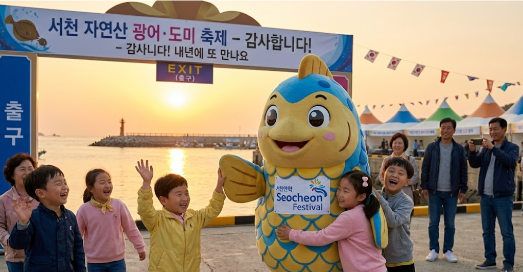 서천 축제 캐릭터와 함께 즐거운 시간을 보내며 인사를 건네는 사람들