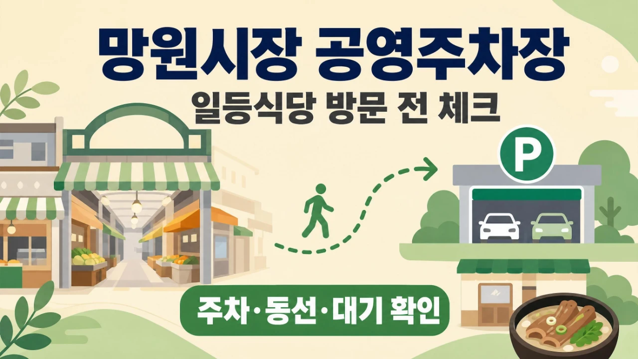 망원시장 공영주차장과 전현무계획3 일등식당 방문 전 주차 동선을 정리한 이미지