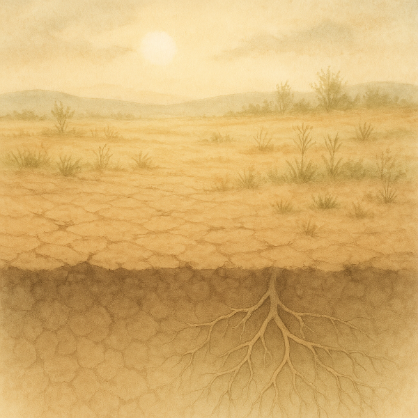 Add faint plant roots beneath the ground to symbolize settling and anchoring.