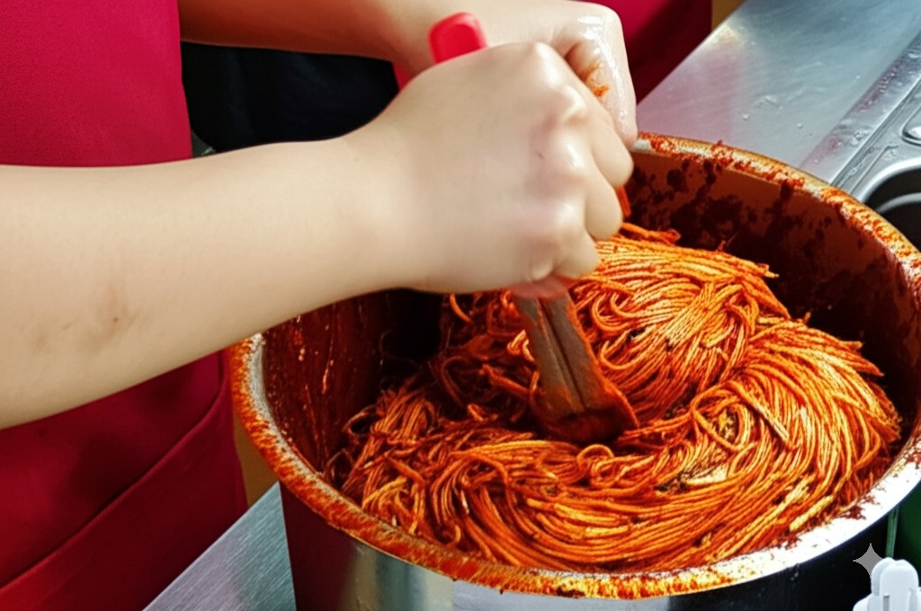 양념과 고명을 골고루 비비는 모습