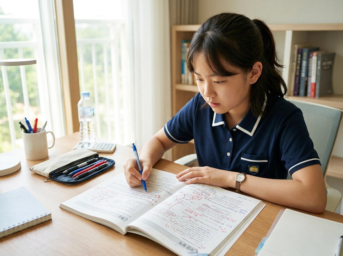 오답 노트를 점검하며 분석하는 한국 중학생